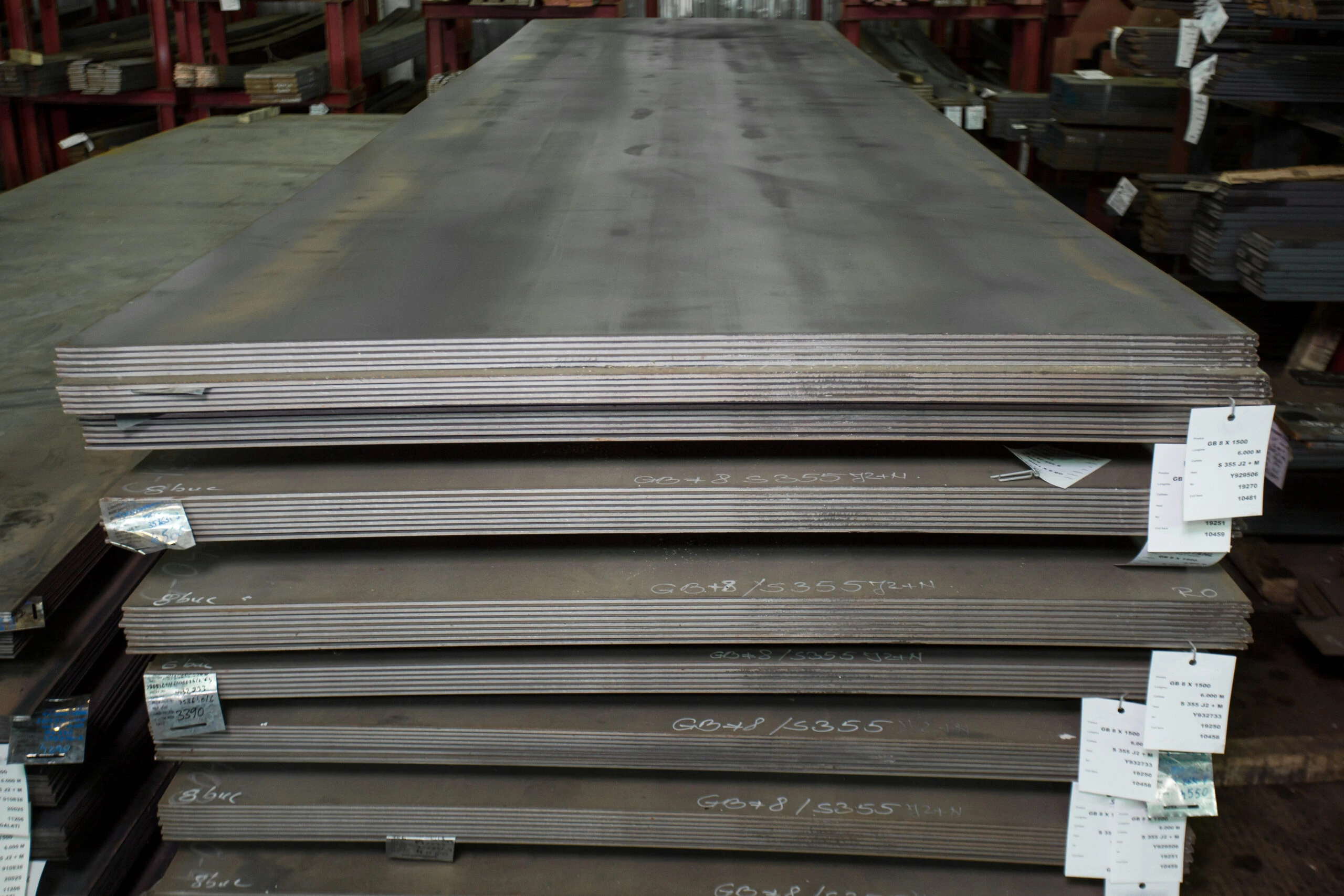 Stacked hot rolled steel sheet with inventory tags
