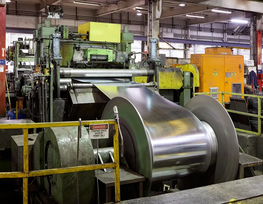 Aluminized steel coil being processed on a slitting line