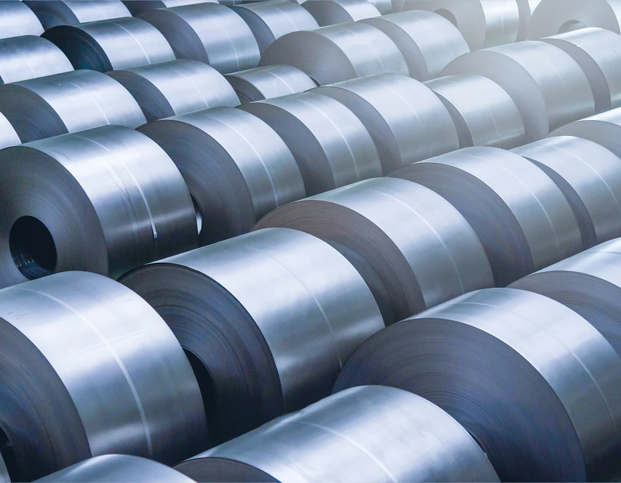 Rows of cold rolled steel coils in different finishes