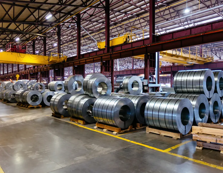Electro galvanized steel coils and slit coils in a warehouse