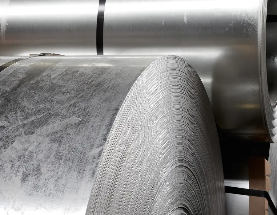 Close-up of a coated flat rolled steel coil with a textured surface