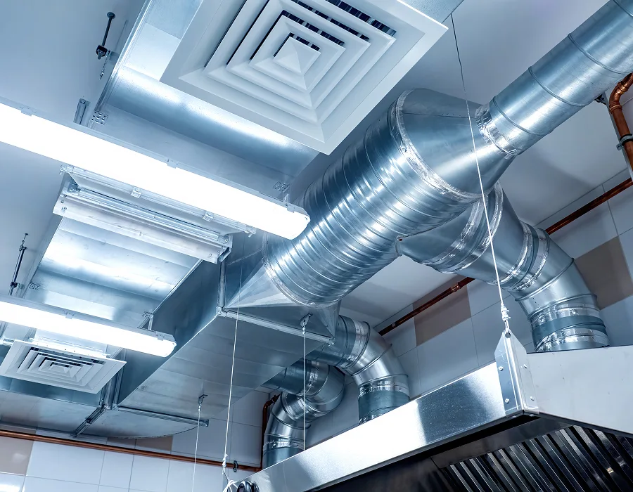 Hot dipped galvanized steel ductwork in a commercial building
