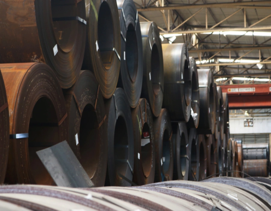 Hot rolled carbon steel coils stacked for processing